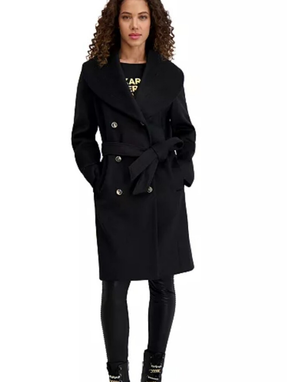 Karl Lagerfeld Black Double-Breasted Wool Coat with Shawl Collar